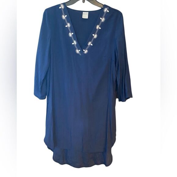 Kona Sol Sz M Navy Blue 3/4 Sleeve Embroidered V-neck Beach Swim Cover-Up Tunic - Picture 1 of 7